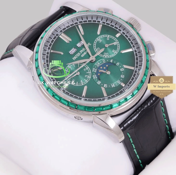 LATEST COLLECTION CHRONOGRAPH SILVER CASE WITH SEA GREEN DIAL & BLACK LEATHER STRAP WATCH (PATEK PHILIPPE)