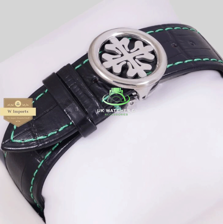 LATEST COLLECTION CHRONOGRAPH SILVER CASE WITH SEA GREEN DIAL & BLACK LEATHER STRAP WATCH (PATEK PHILIPPE)