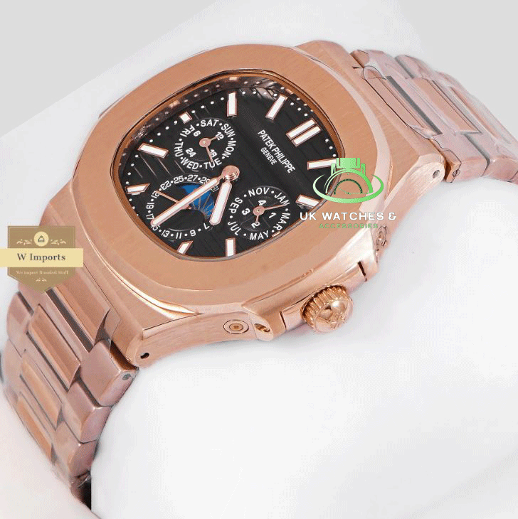 LATEST COLLECTION MOON PHASE CHRONOGRAPH ROSE GOLD CASE WITH BLACK DIAL AUTOMATIC WATCH (PETAK PHILIPPE)