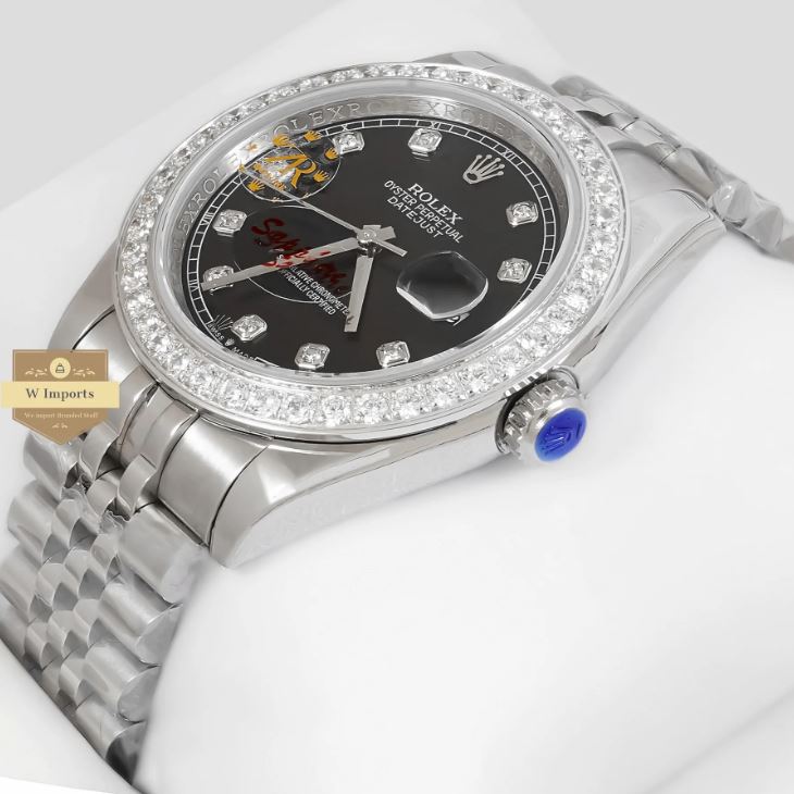 LATEST COLLECTION 41 SILVER WITH BLACK DIAL AND STONE BEZEL (RO LEX)