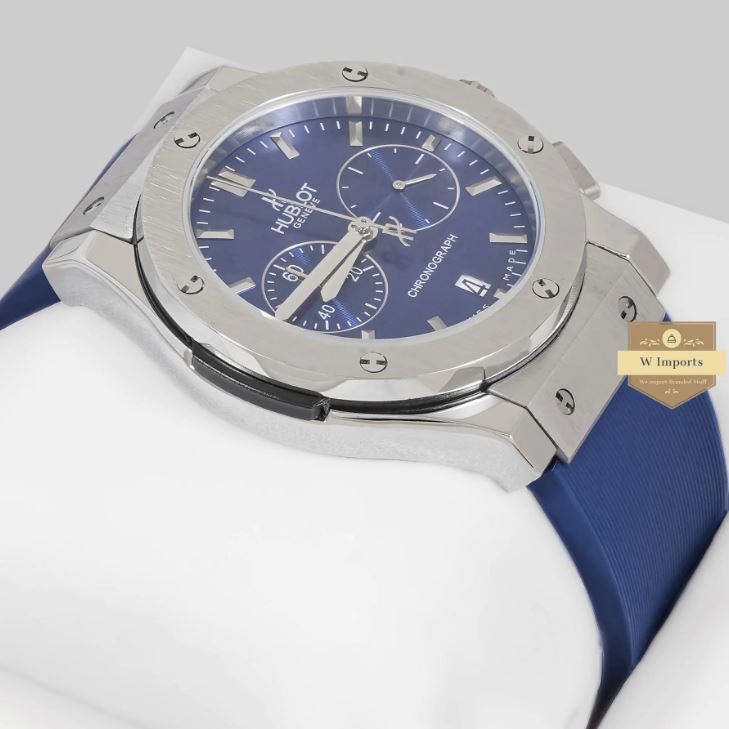 LATEST COLLECTION CHRONOGRAPH SILVER CASE WITH BLUE DIAL & PVC STRAP WATCH (HUB LOT)