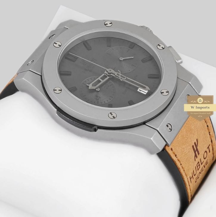 LATEST COLLECTION CHRONOGRAPH SILVER MATT CASE WITH GREY DIAL & BROWN VELVET STRAP WATCH (HUB LOT)