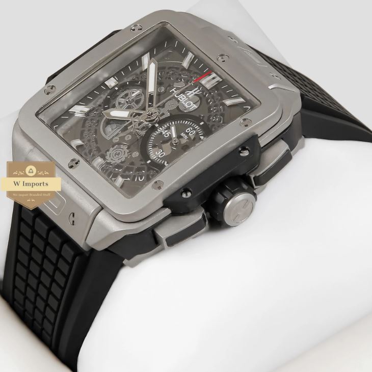 LATEST COLLECTION CHRONOGRAPH SQUARE SILVER MATT CASE WITH GREY SKELETON DIAL & BLACK PVC STRAP WATCH (HUB LOT)