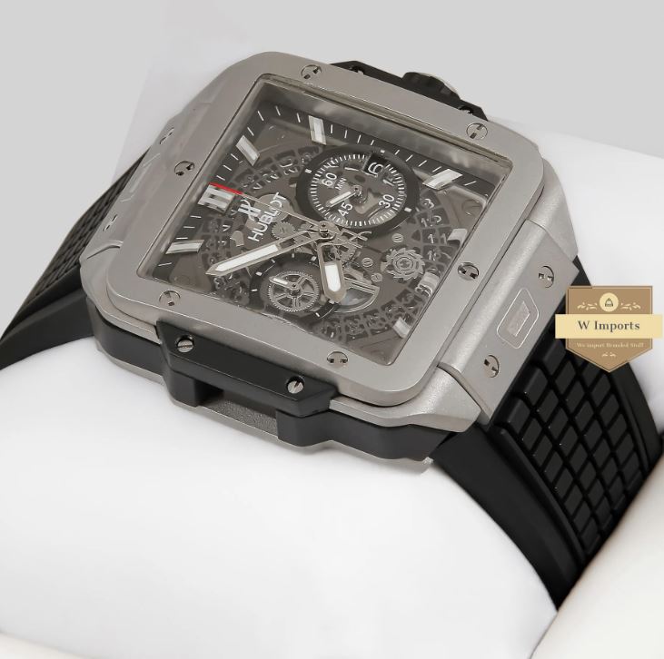LATEST COLLECTION CHRONOGRAPH SQUARE SILVER MATT CASE WITH GREY SKELETON DIAL & BLACK PVC STRAP WATCH (HUB LOT)