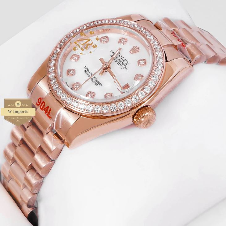 LATEST LADIES COLLECTION 31 ALL ROSE GOLD WITH WHITE DIAL STONE BEZEL AUTOMATIC WATCH (RO LEX)