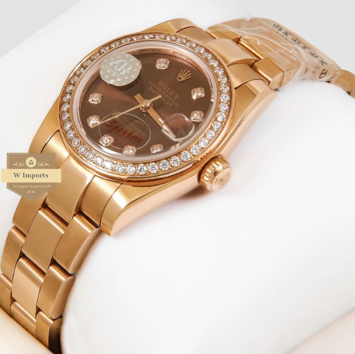 LATEST LADIES COLLECTION 31 ROSE GOLD WITH BROWN DIAL & STONE BEZEL AUTOMATIC WATCH (RO LEX)