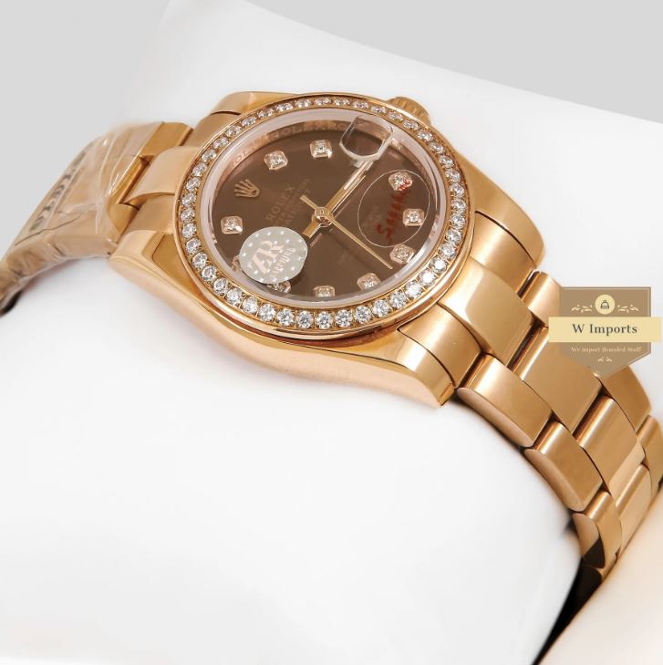 LATEST LADIES COLLECTION 31 ROSE GOLD WITH BROWN DIAL & STONE BEZEL AUTOMATIC WATCH (RO LEX)
