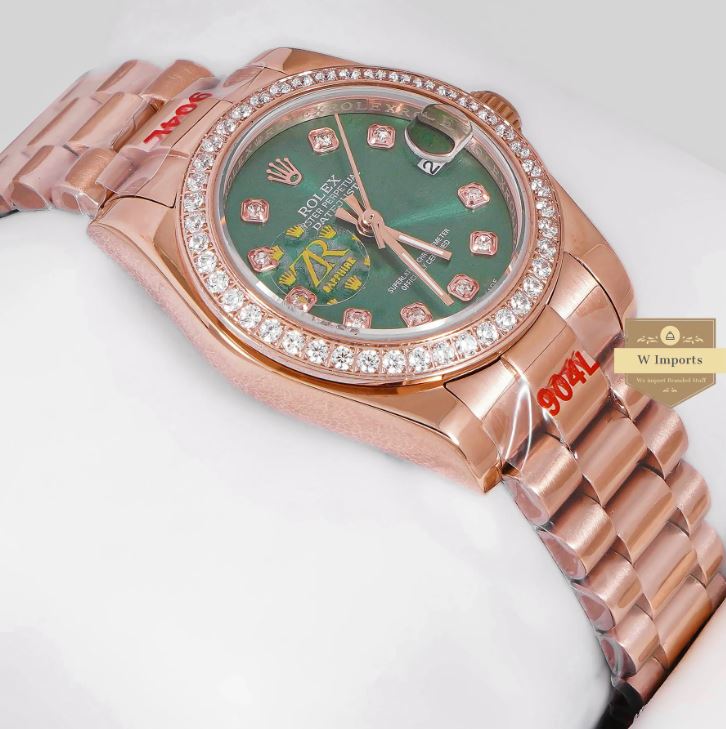LATEST LADIES COLLECTION 31 ROSE GOLD WITH GREEN DIAL STONE BEZEL AUTOMATIC WATCH (RO LEX)