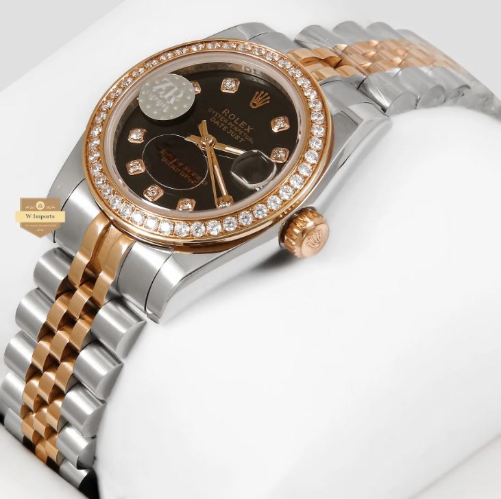 LATEST LADIES COLLECTION 31 TWO TONE ROSE GOLD WITH BLACK DIAL STONE BEZEL AUTOMATIC WATCH (RO LEX)