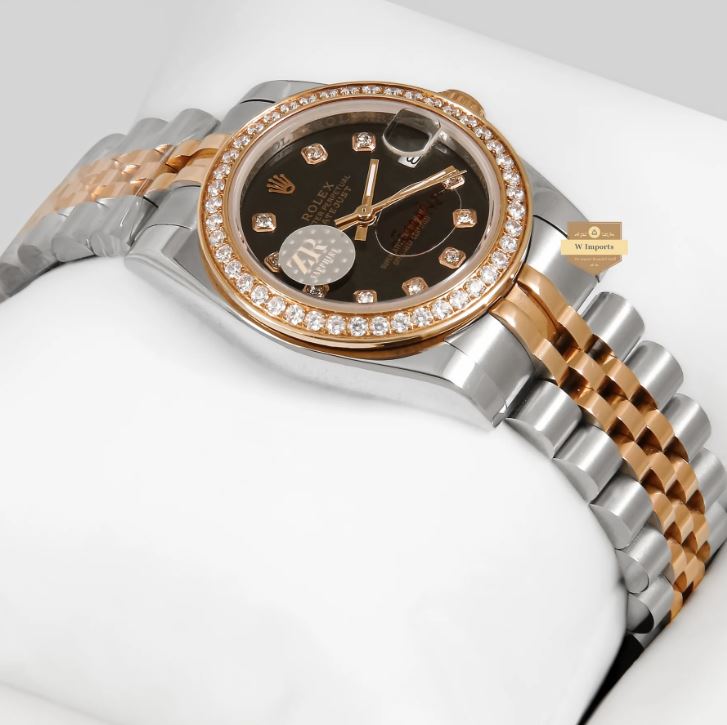 LATEST LADIES COLLECTION 31 TWO TONE ROSE GOLD WITH BLACK DIAL STONE BEZEL AUTOMATIC WATCH (RO LEX)