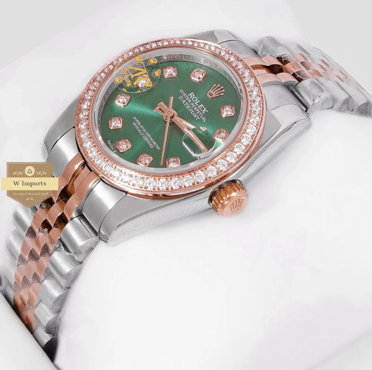 LATEST LADIES COLLECTION 31 TWO TONE ROSE GOLD WITH GREEN DIAL STONE BEZEL AUTOMATIC WATCH (RO LEX)