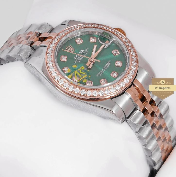 LATEST LADIES COLLECTION 31 TWO TONE ROSE GOLD WITH GREEN DIAL STONE BEZEL AUTOMATIC WATCH (RO LEX)