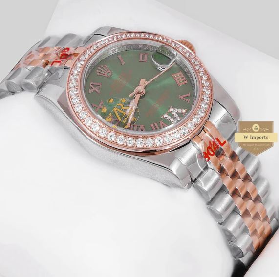 LATEST LADIES COLLECTION 31 TWO TONE ROSE GOLD WITH GREEN DIAL STONE BEZEL AUTOMATIC WATCH (RO LEX)
