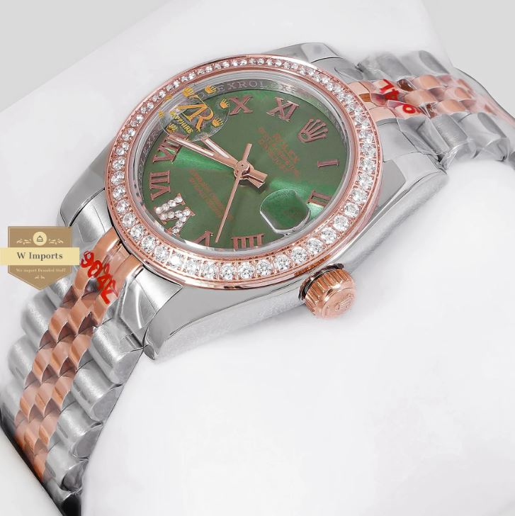 LATEST LADIES COLLECTION 31 TWO TONE ROSE GOLD WITH GREEN DIAL STONE BEZEL AUTOMATIC WATCH (RO LEX)