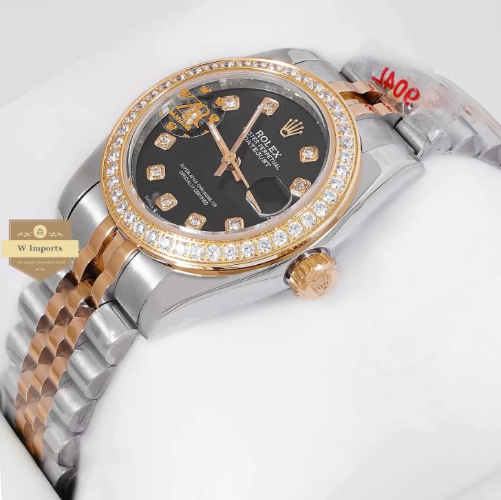 LATEST LADIES COLLECTION 31 TWO TONE YELLOW GOLD WITH BLACK DIAL STONE BEZEL AUTOMATIC WATCH (RO LEX)