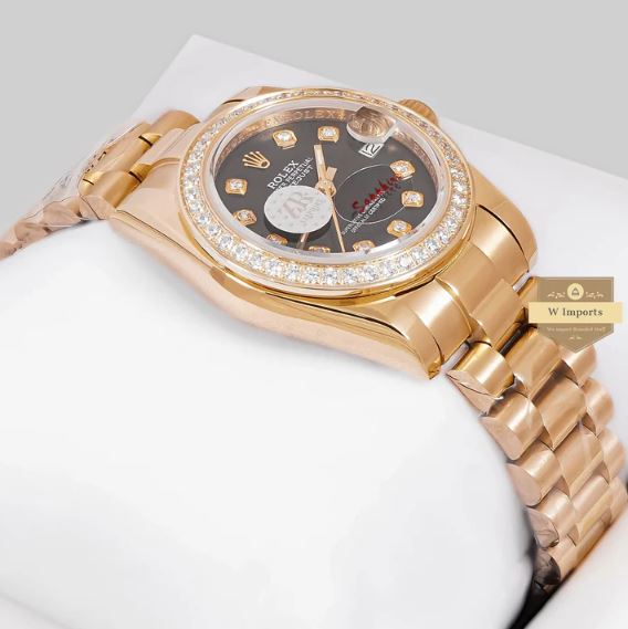 LATEST LADIES COLLECTION 31 YELLOW GOLD WITH BLACK DIAL STONE BEZEL AUTOMATIC WATCH (RO LEX)