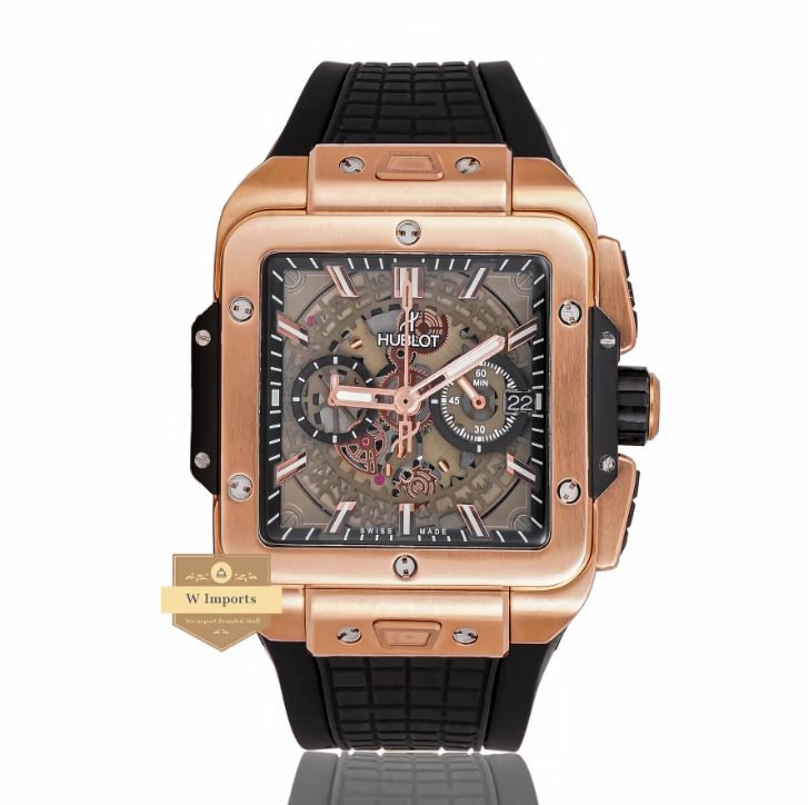 LATEST PREMIUM COLLECTION CHRONOGRAPH ROSE GOLD CASE WITH BLACK DIAL AND PVC STRAP WATCH (HUB LOT)