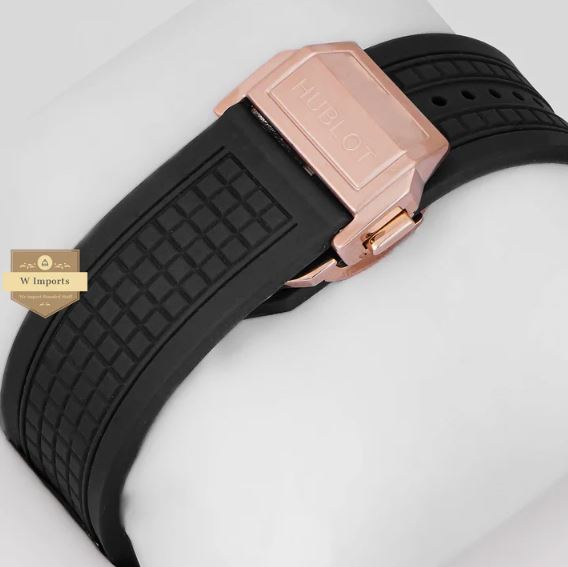 LATEST PREMIUM COLLECTION CHRONOGRAPH ROSE GOLD CASE WITH BLACK DIAL AND PVC STRAP WATCH (HUB LOT)