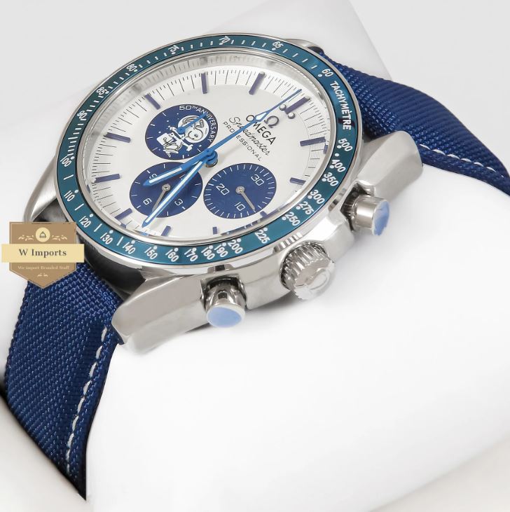 LATEST SILVER WITH WHITE DIAL AND BLUE VELVET STRAP WATCH (OME GA)