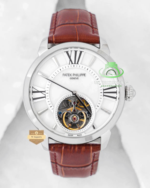 Latest Collection Tourbillon Silver Case With White Dial & Leather Strap Watch (PATEK PHILIPPE)