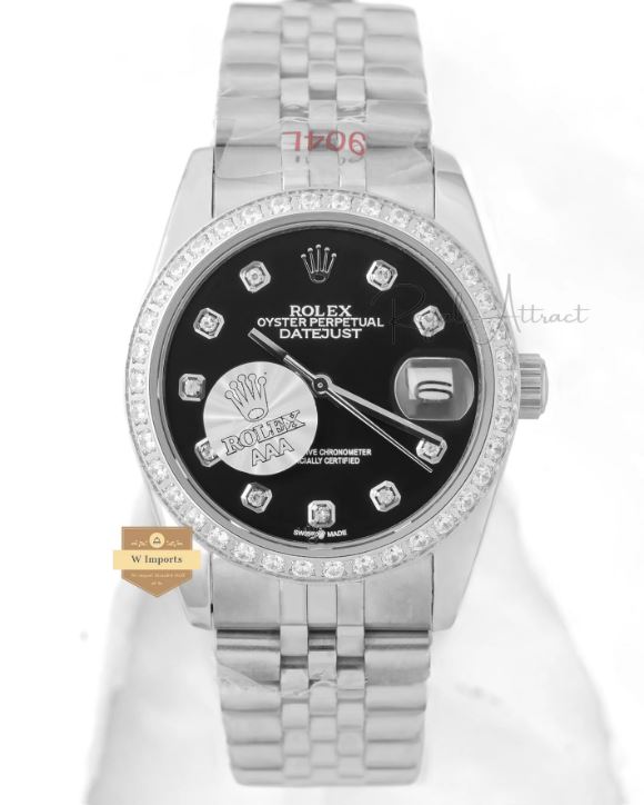 Latest Collection 36 Silver With Black Dial Stone Bezel & Index Automatic Watch (RO LEX)