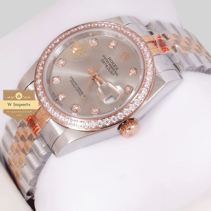 Latest Collection 36 Two Tone Rose Gold With Gray Dial Stone Bezel & Automatic Watch (RO LEX)