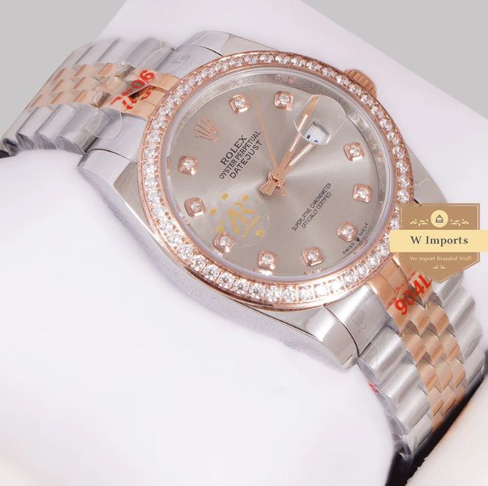 Latest Collection 36 Two Tone Rose Gold With Gray Dial Stone Bezel & Automatic Watch (RO LEX)