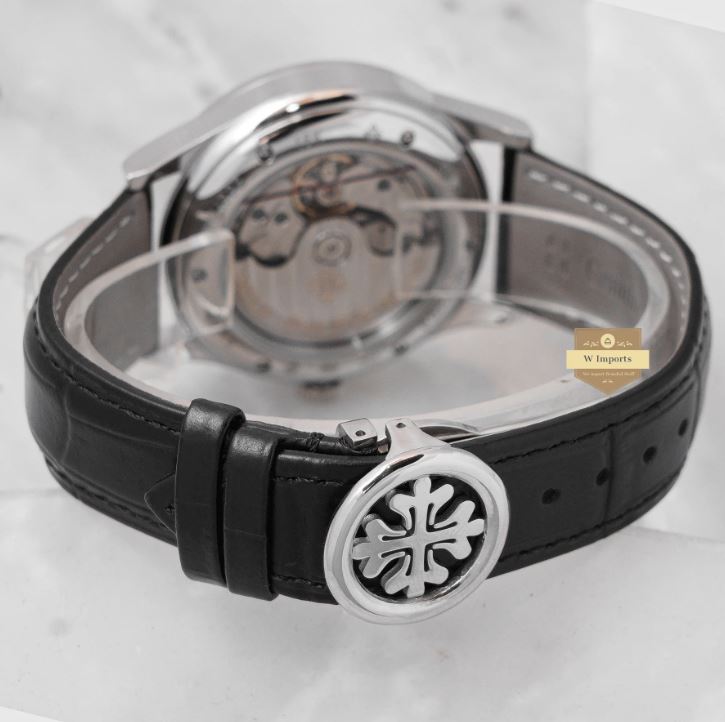 Latest Collection Annual Calendar Moon Phase Silver Case With White Dial Stone Bezel & Leather Strap Watch (PATEK PHILIPPE)