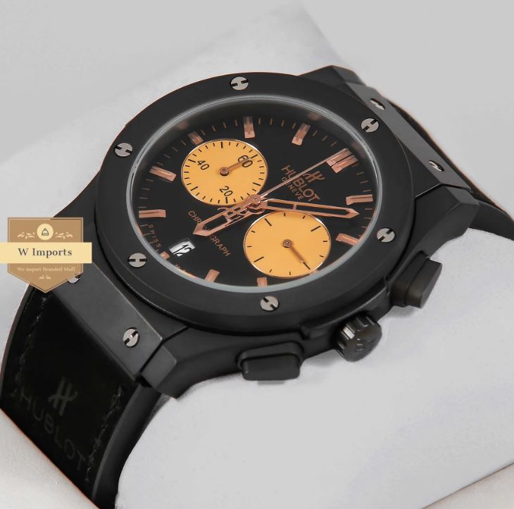 Latest Collection Chronograph All Black With Velvet Strap & Rose Gold Index Watch (HUB LOT)