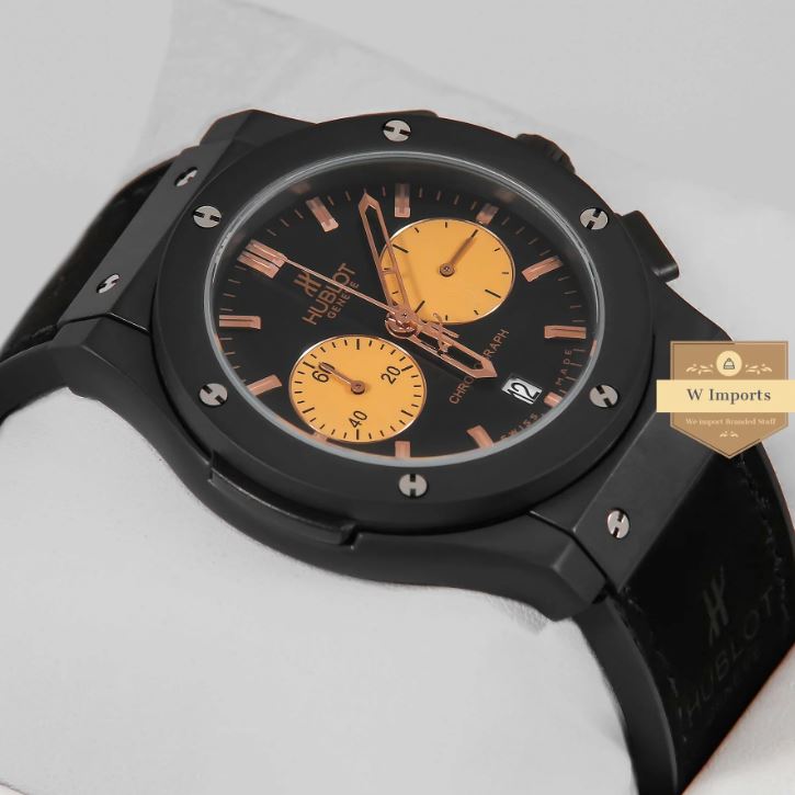 Latest Collection Chronograph All Black With Velvet Strap & Rose Gold Index Watch (HUB LOT)