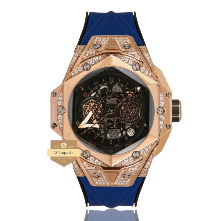 Latest Collection Chronograph All Rose Gold With Stone Case & Blue Rubber Strap Watch (HUB LOT)