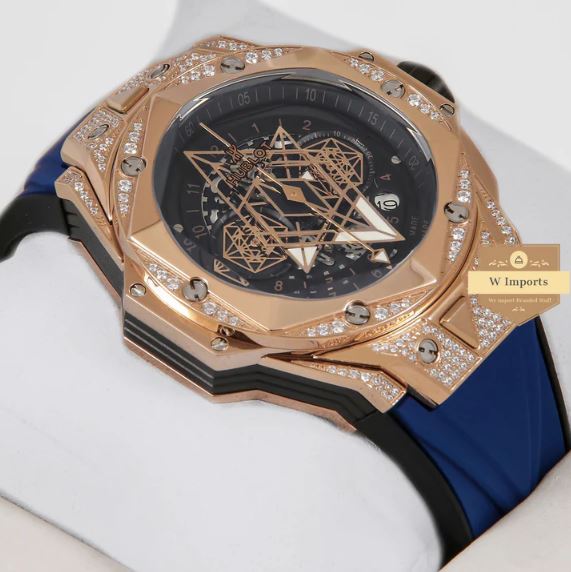 Latest Collection Chronograph All Rose Gold With Stone Case & Blue Rubber Strap Watch (HUB LOT)