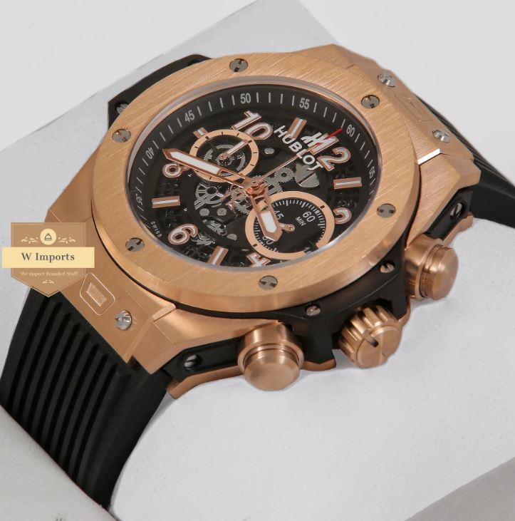 Latest Collection Chronograph Rose Gold Case With Black Dial & Black PVC Strap Watch (HUB LOT)