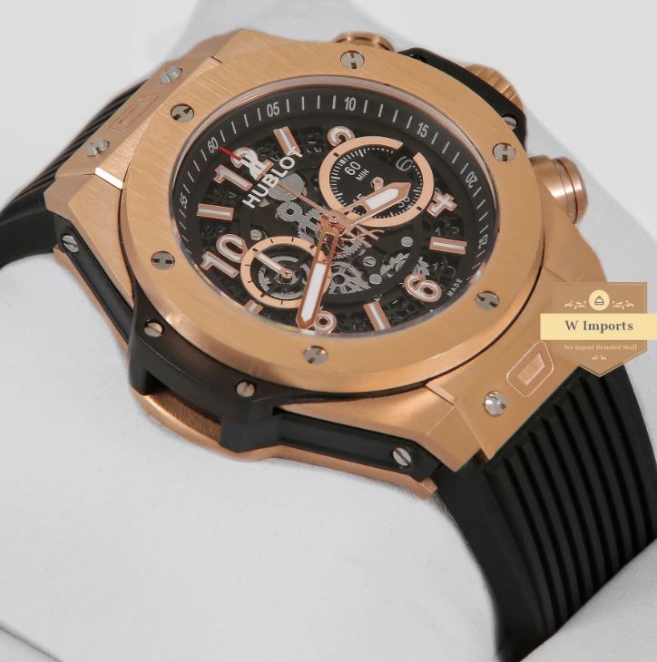 Latest Collection Chronograph Rose Gold Case With Black Dial & Black PVC Strap Watch (HUB LOT)