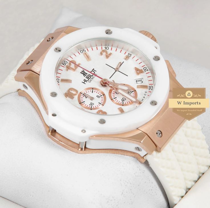 Latest Collection Chronograph Rose Gold Case With White Dial & Rubber Strap Watch (HUB LOT)