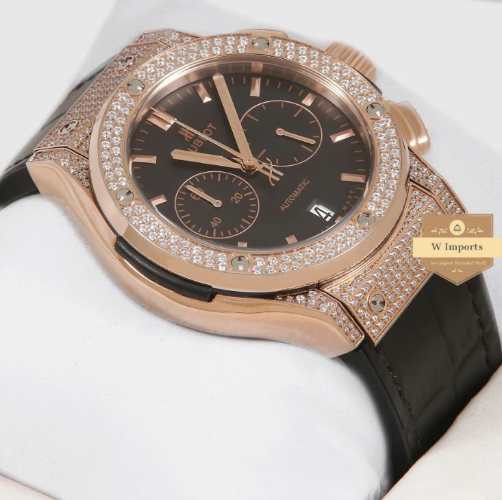 Latest Collection Chronograph Rose Gold High Quality Stoned Case With Black Dial & Leather Strap Watch (HUB LOT)