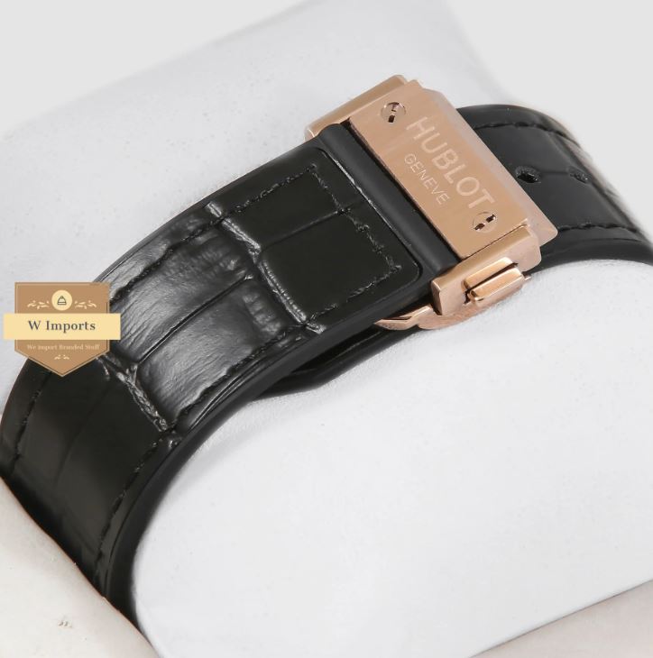 Latest Collection Chronograph Rose Gold High Quality Stoned Case With Black Dial & Leather Strap Watch (HUB LOT)