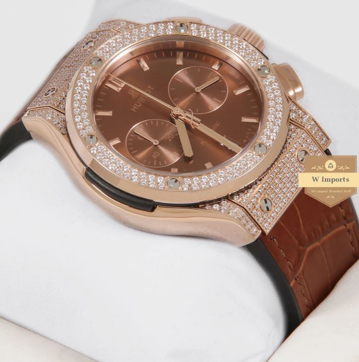 Latest Collection Chronograph Rose Gold High Quality Stoned Case With Brown Dial & Leather Strap Watch (HUB LOT)