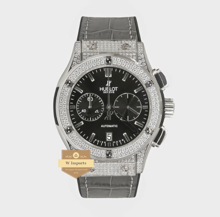 Latest Collection Chronograph Silver High Quality Stoned Case With Black Dial & Grey Leather Strap Watch (HUB LOT)