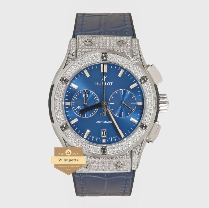 Latest Collection Chronograph Silver High Quality Stoned Case With Blue Dial & Leather Strap Watch (HUB LOT)