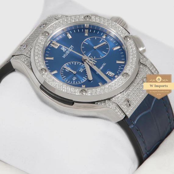 Latest Collection Chronograph Silver High Quality Stoned Case With Blue Dial & Leather Strap Watch (HUB LOT)