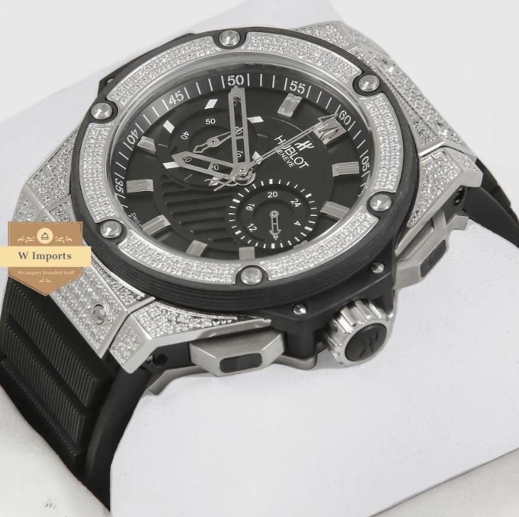 Latest Collection Chronograph Silver Stoned Case With Black Dial & Rubber Strap Watch (HUB LOT)