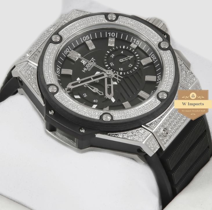 Latest Collection Chronograph Silver Stoned Case With Black Dial & Rubber Strap Watch (HUB LOT)
