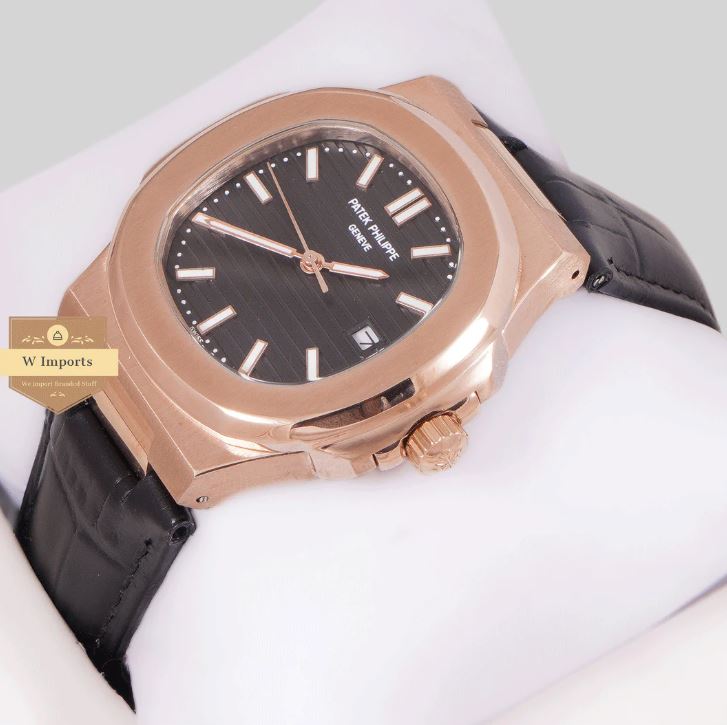 Latest Collection Rose Gold Case With Black Dial & Leather Strap Watch (PATEK PHILIPPE