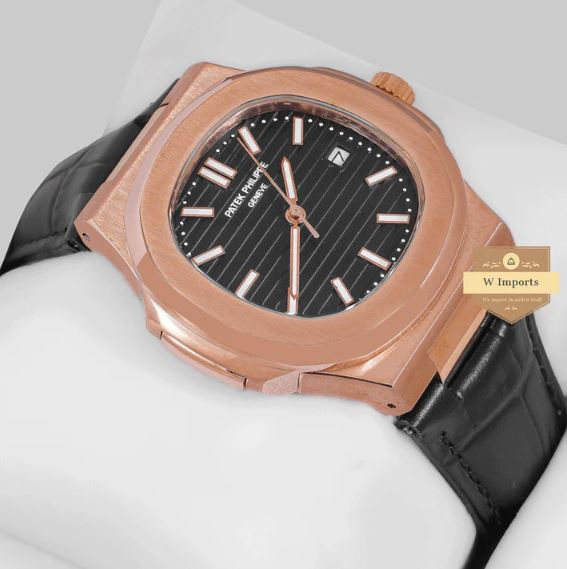 Latest Collection Rose Gold Case With Black Dial & Leather Strap Watch (PATEK PHILIPPE