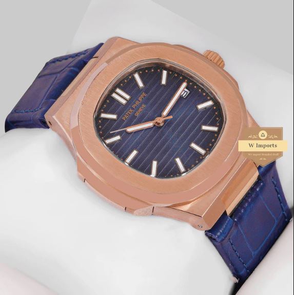 Latest Collection Rose Gold Case With Blue Dial & Leather Strap Watch (PATEK PHILIPPE)