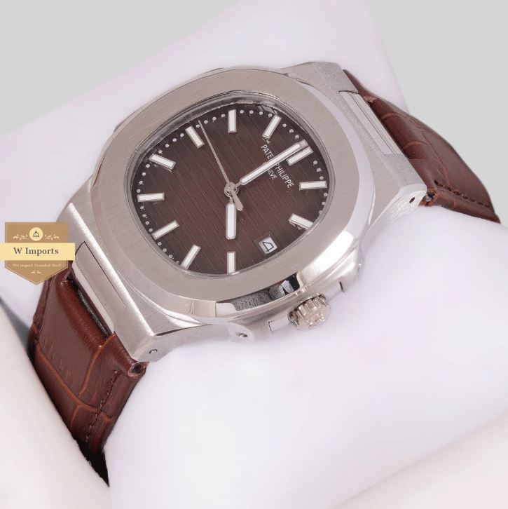 Latest Collection Silver Case With Brown Dial & Leather Strap (PATEK PHILIPPE)