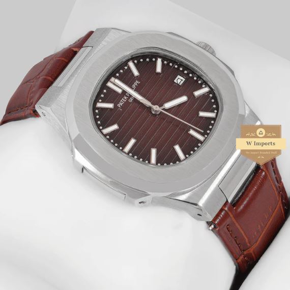 Latest Collection Silver Case With Brown Dial & Leather Strap (PATEK PHILIPPE)