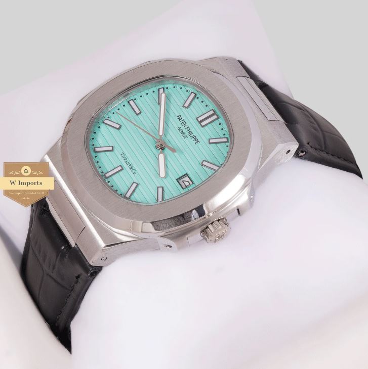 Latest Collection Silver Case With Tiffany Blue Dial & Black Leather Strap Watch (PATEK PHILIPPE)