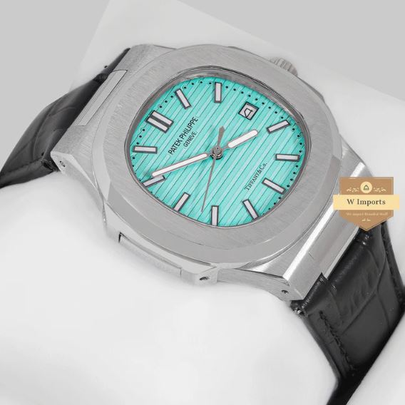 Latest Collection Silver Case With Tiffany Blue Dial & Black Leather Strap Watch (PATEK PHILIPPE)